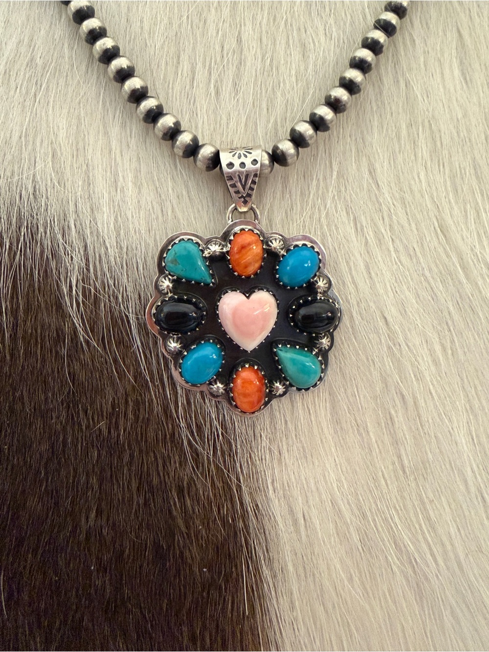 ❤️ MultiStone Turquoise Spiny Oyster Pink Conch Onyx Statement Pendant 12.3 Gms - Picture 9 of 13